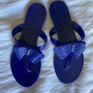 Salvatore Ferragamo Navy Jelly Sandals with Lace Bow